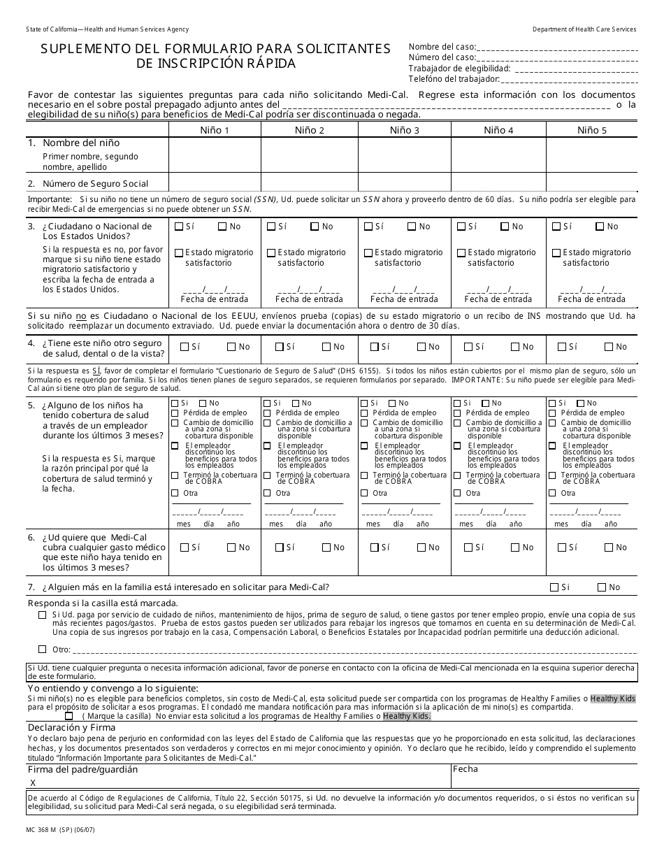 Formulario MC368M Suplemento Del Formulario Para Solicitantes De Inscripcion Rapida - California (Spanish), Page 1