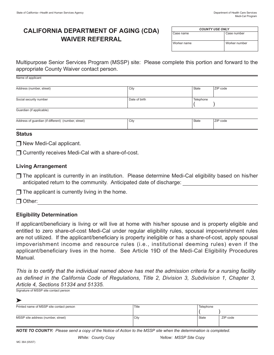 Form MC364 California Department of Aging (Cda) Waiver Referral - California, Page 1
