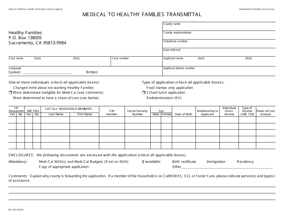 Form MC363 Medi-Cal to Healthy Families Transmittal - California, Page 1