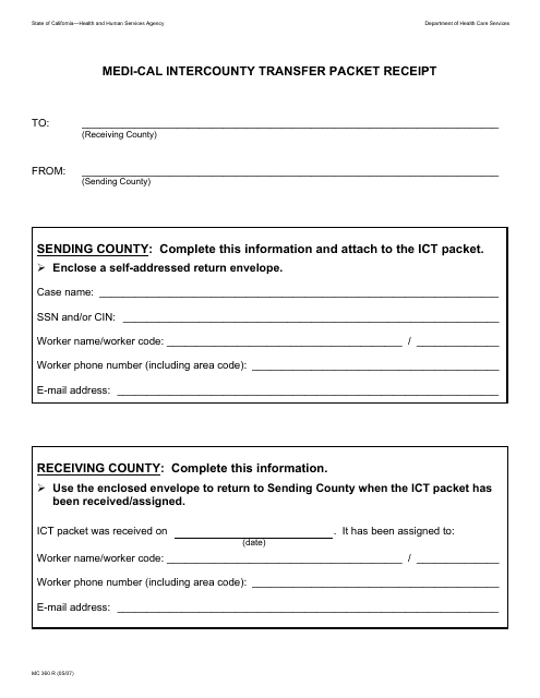 Form MC360 R Medi-Cal Intercounty Transfer Packet Receipt - California