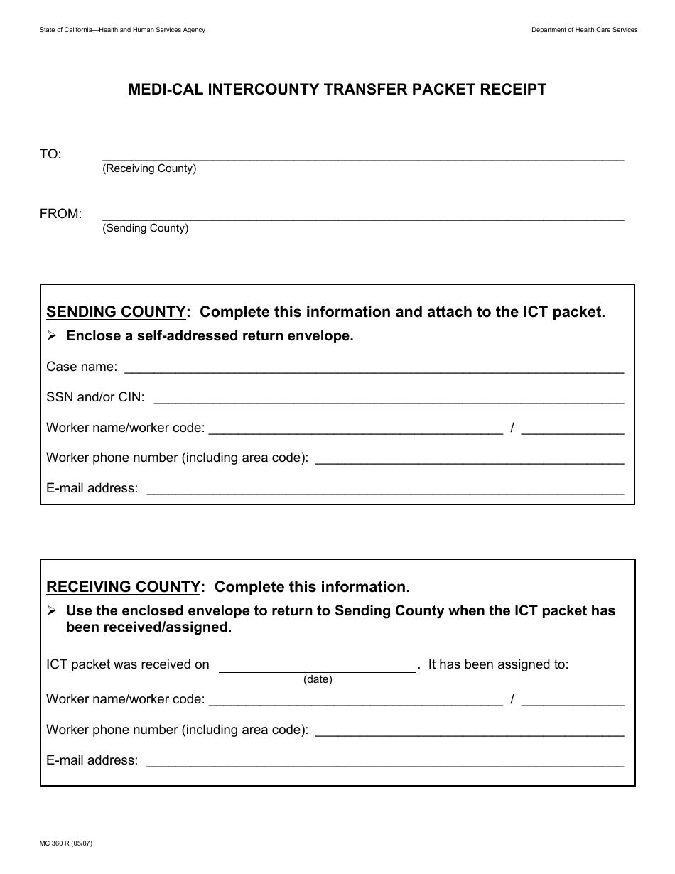 Form MC360 R Medi-Cal Intercounty Transfer Packet Receipt - California, Page 1
