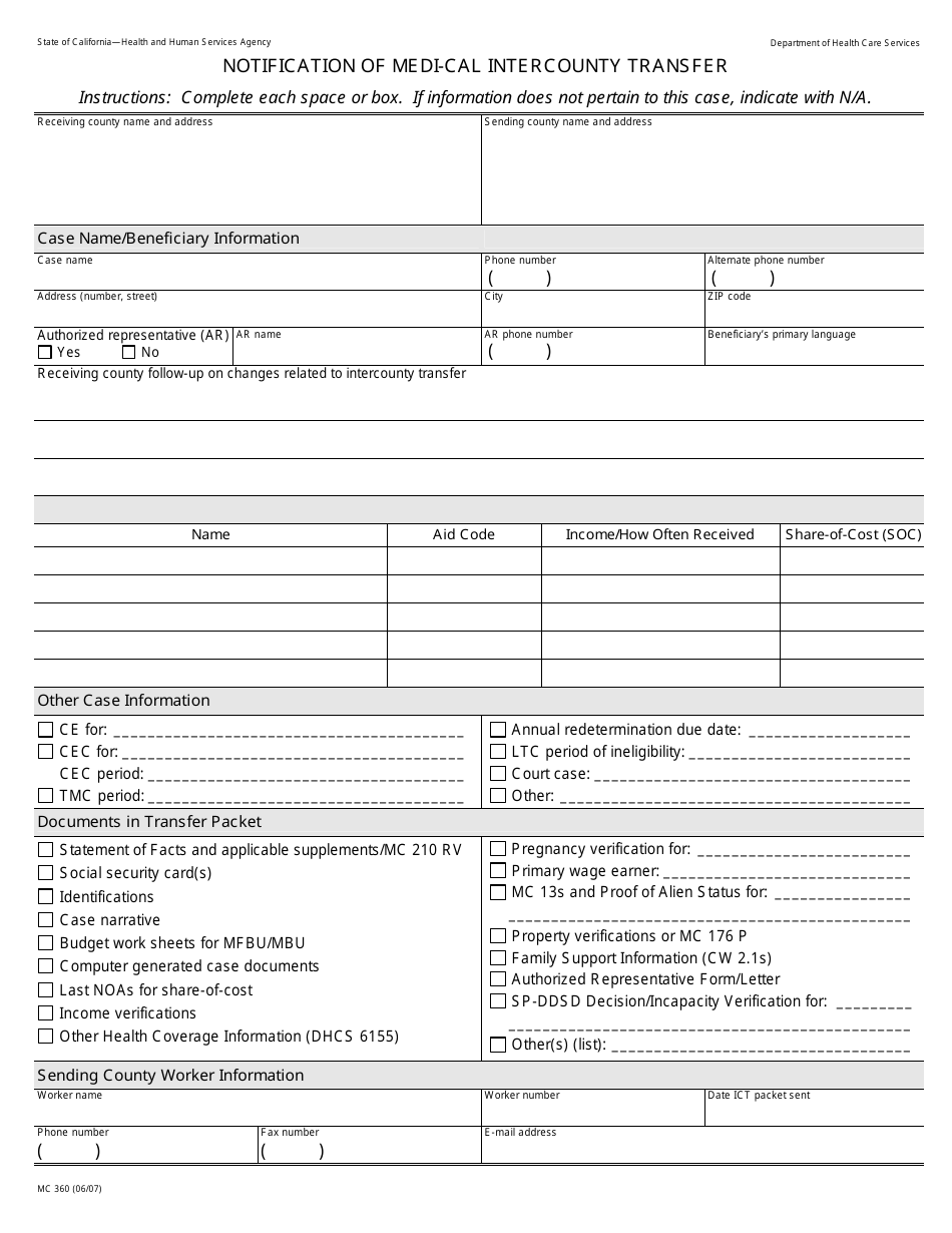 Form MC360 Notification of Medi-Cal Intercounty Transfer - California, Page 1