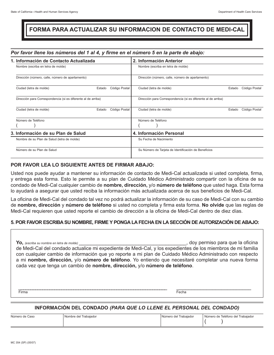Formulario MC354 Forma Para Actualizar Su Informacion De Contacto De Medi-Cal - California (Spanish), Page 1