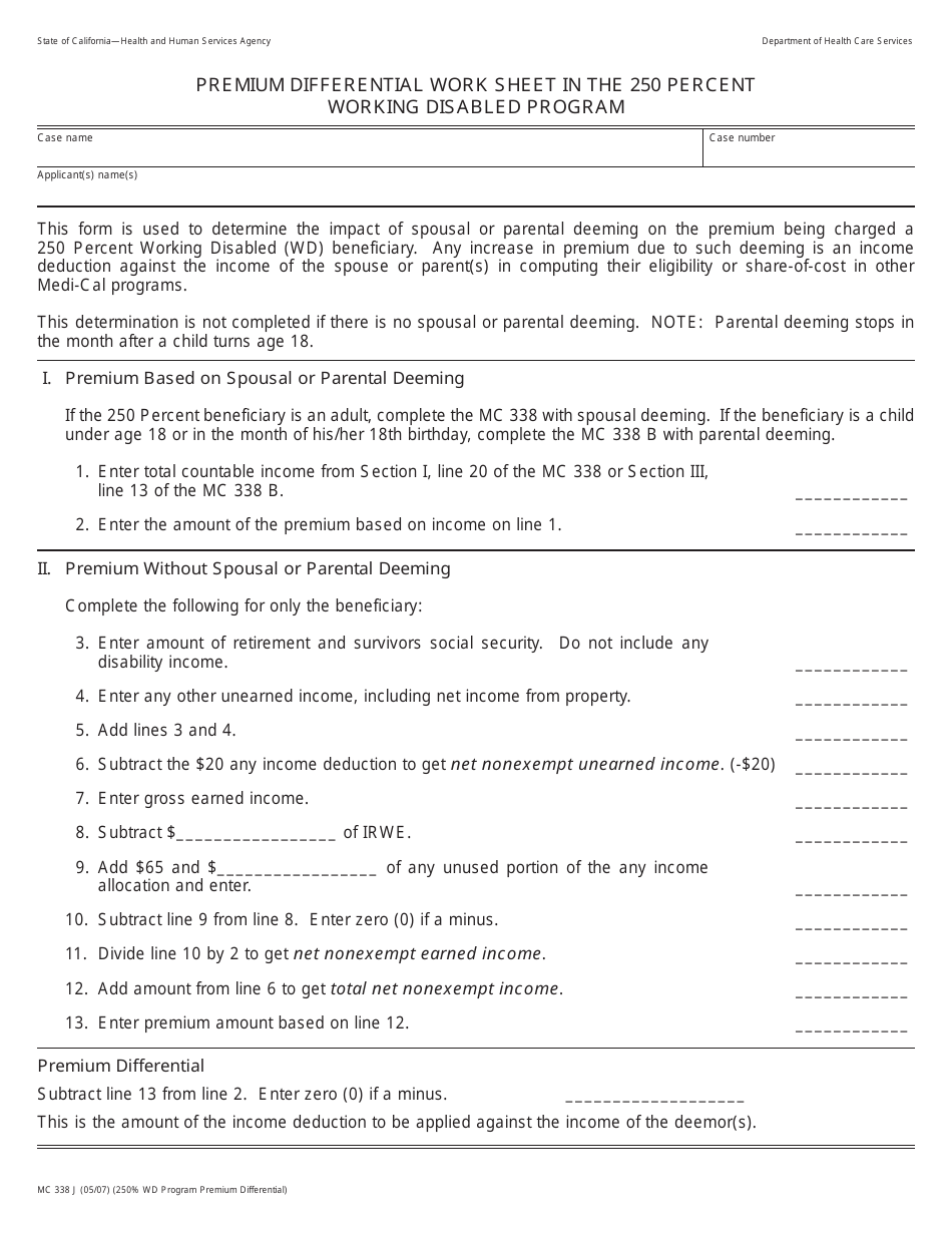 Form MC338 J Premium Differential Work Sheet in the 250 Percent Working Disabled Program - California, Page 1