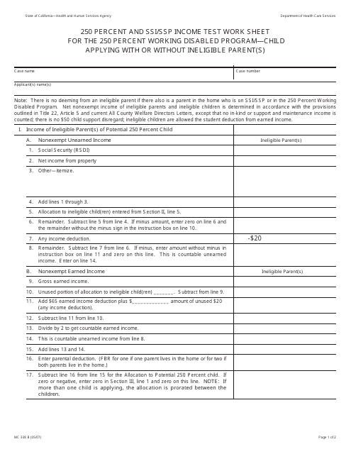 Form MC338 B 250 Percent and Ssi/SSP Income Test Work Sheet for the 250 Percent Working Disabled Program-Child Applying With or Without Ineligible Parent(S) - California