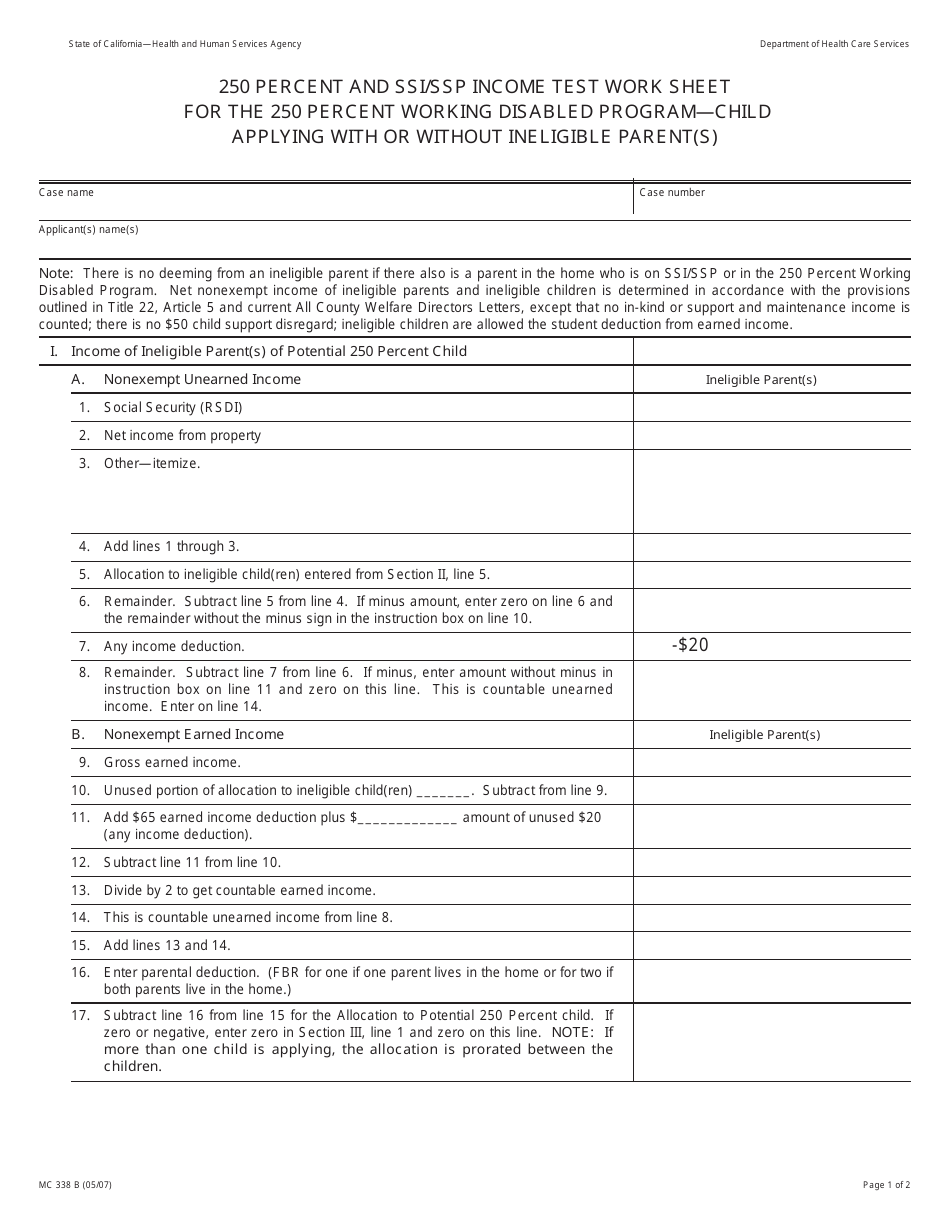 Form MC338 B 250 Percent and Ssi / SSP Income Test Work Sheet for the 250 Percent Working Disabled Program-Child Applying With or Without Ineligible Parent(S) - California, Page 1