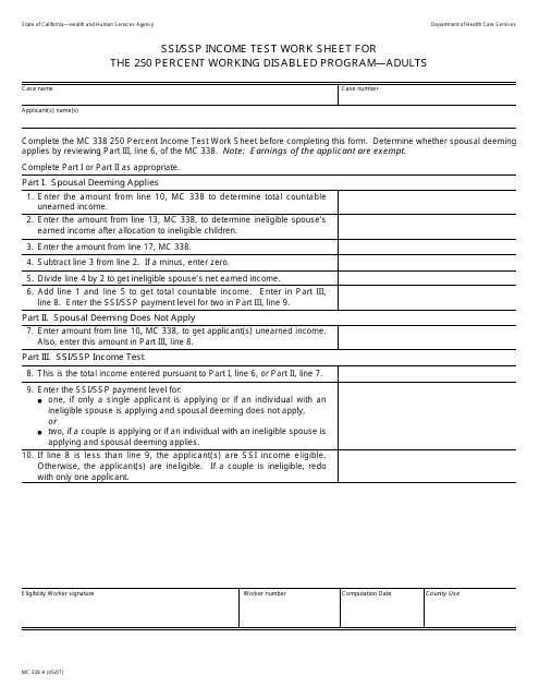 Form MC338 A Ssi/SSP Income Test Work Sheet for the 250 Percent Working Disabled Program - Adults - California