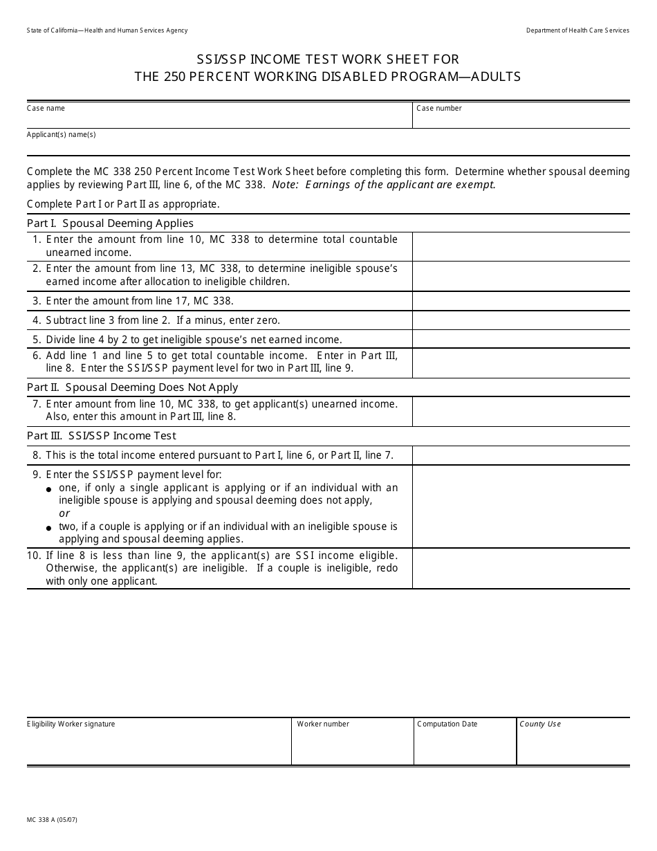 Form MC338 A Ssi / SSP Income Test Work Sheet for the 250 Percent Working Disabled Program - Adults - California, Page 1