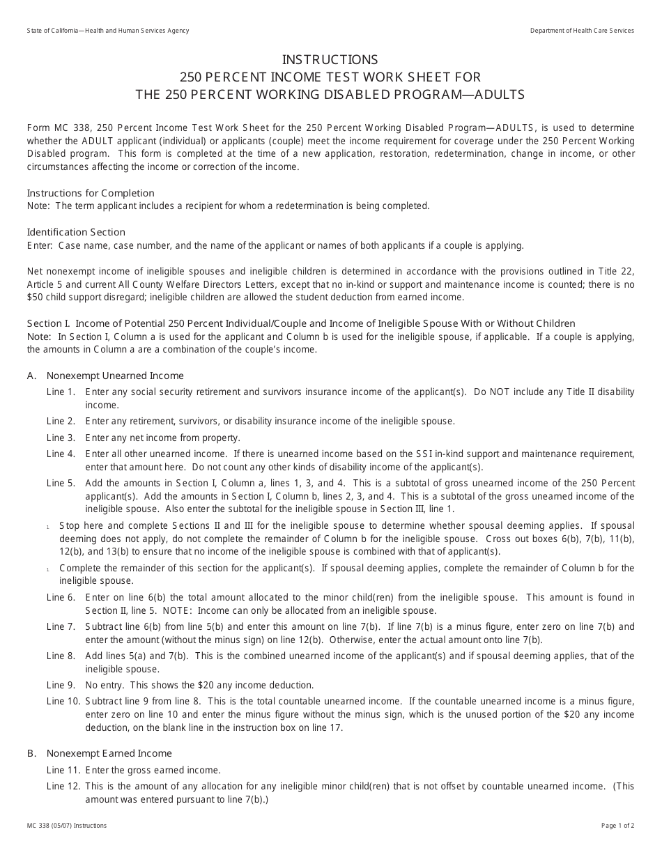 Instructions for Form MC338 250 Percent Income Test Work Sheet for the 250 Percent Working Disabled Program - Adults - California, Page 1