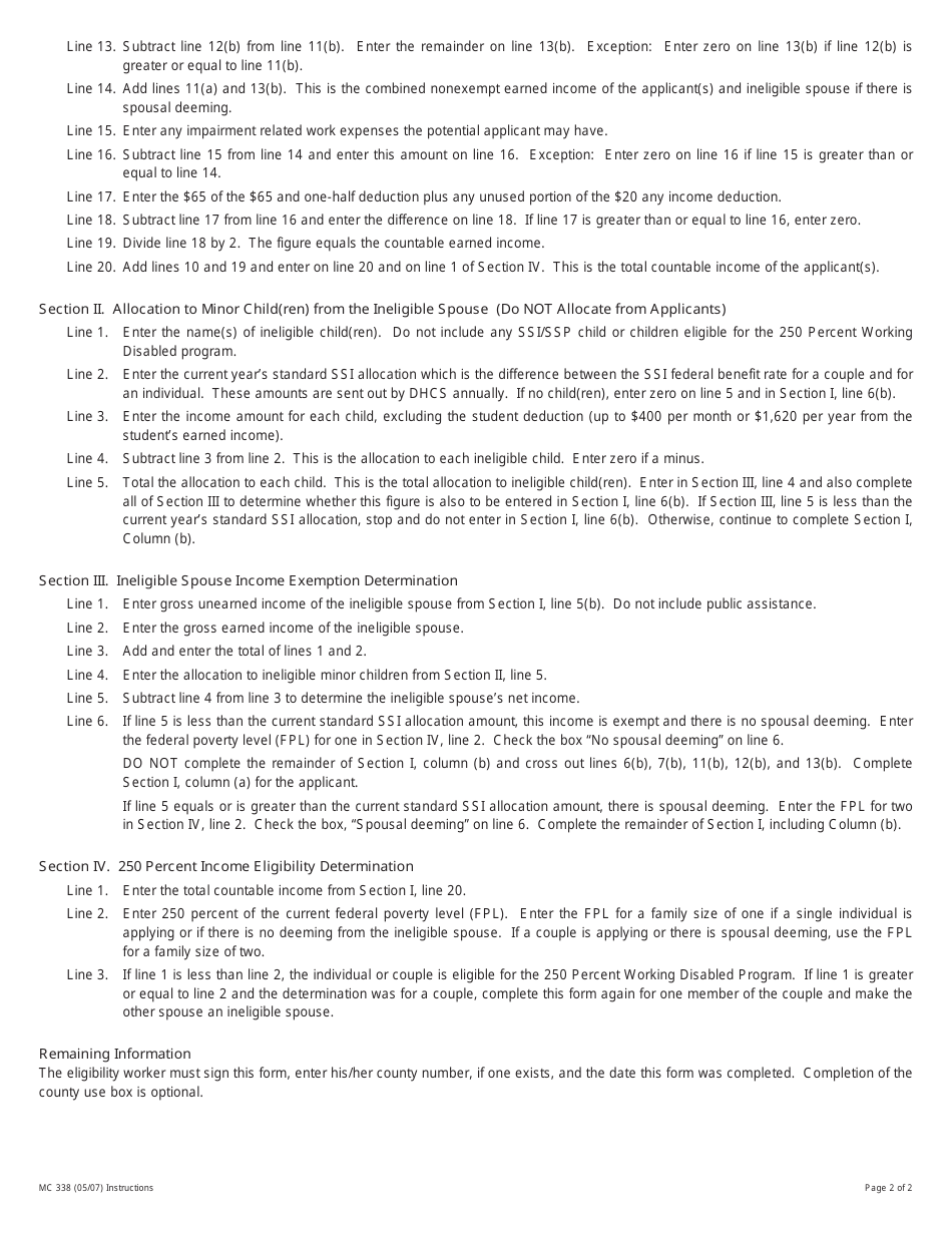 Instructions for Form MC338 250 Percent Income Test Work Sheet for the 250 Percent Working Disabled Program - Adults - California, Page 2