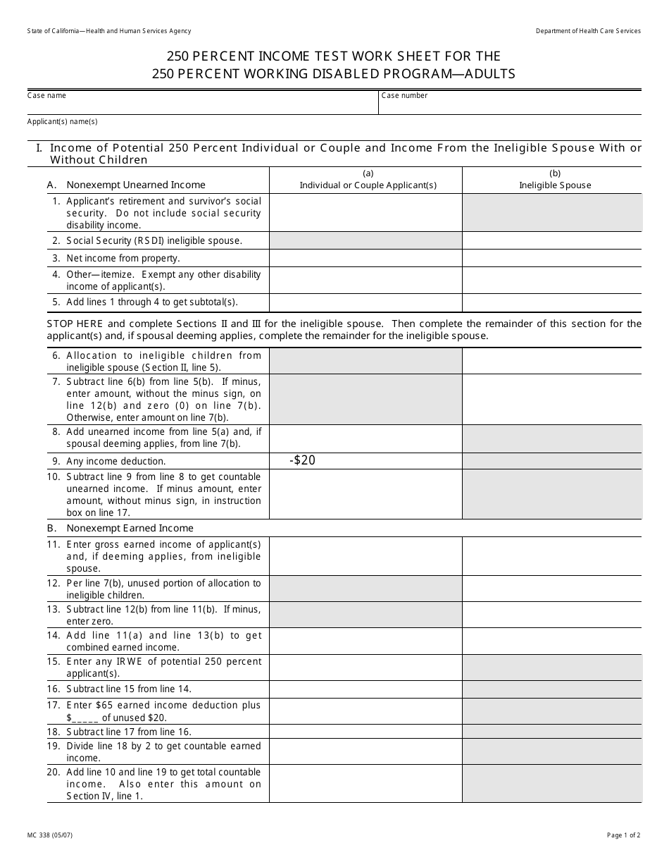 Form MC338 250 Percent Income Test Work Sheet for the 250 Percent Working Disabled Program - Adults - California, Page 1