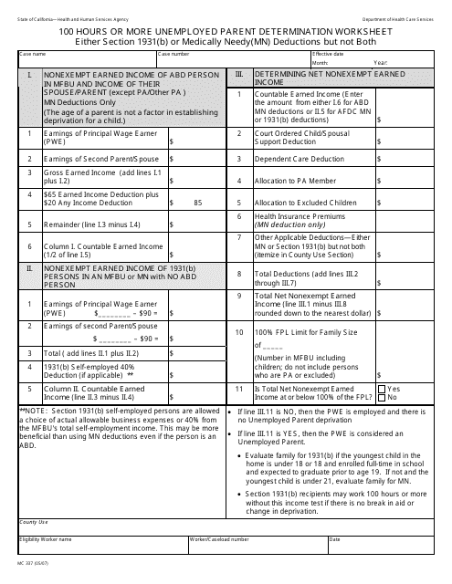 Form MC337 100 Hours or More Unemployed Parent Determination Worksheet - California