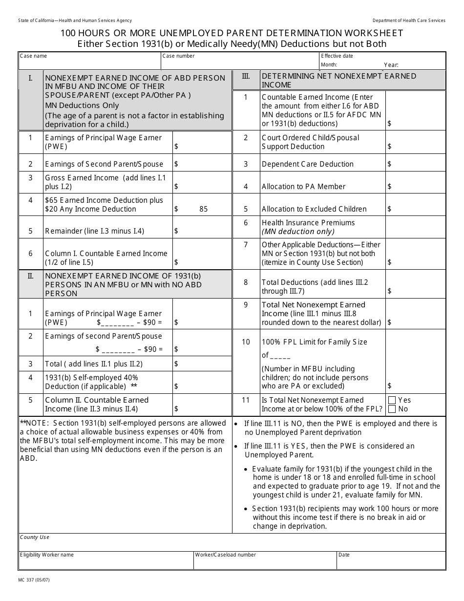 Form MC337 100 Hours or More Unemployed Parent Determination Worksheet - California, Page 1