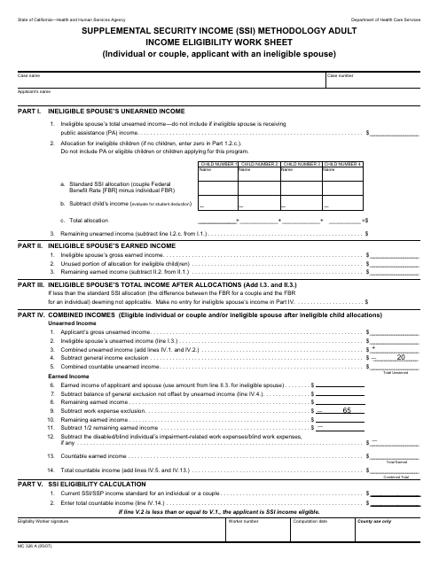 Form MC326 A Supplemental Security Income (Ssi) Methodology Adult Income Eligibility Worksheet - California