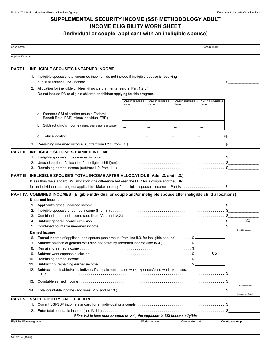Form MC326 A Supplemental Security Income (Ssi) Methodology Adult Income Eligibility Worksheet - California, Page 1