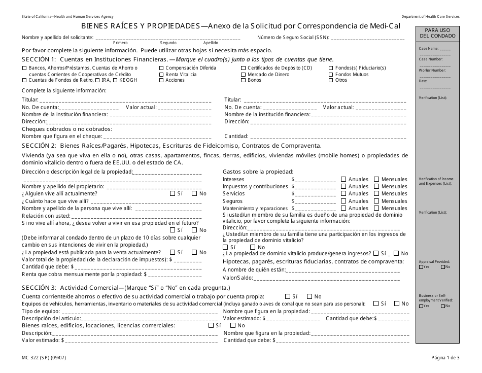 Formulario MC322 Bienes Raices Y Propiedades - Anexo De La Solicitud Por Correspondencia De Medi-Cal - California (Spanish), Page 1