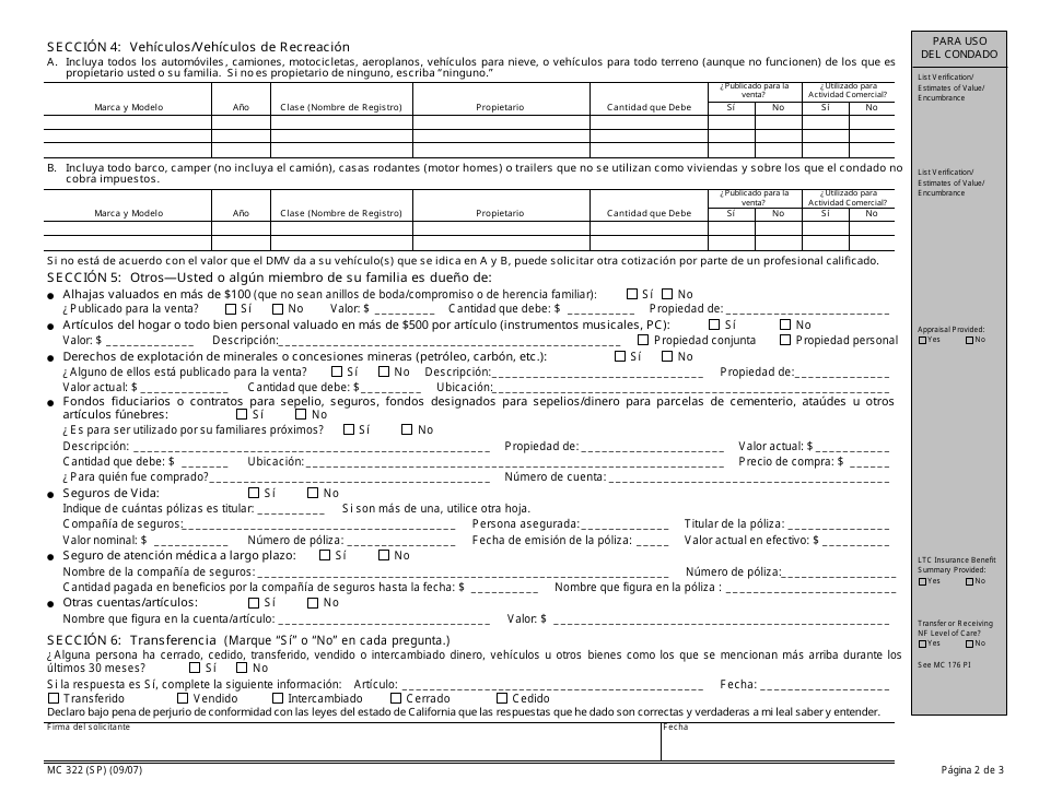 Formulario MC322 Bienes Raices Y Propiedades - Anexo De La Solicitud Por Correspondencia De Medi-Cal - California (Spanish), Page 2