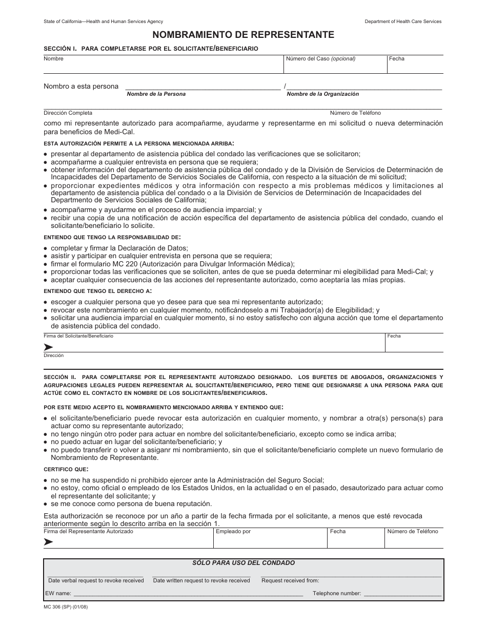 Formulario MC306 Nombramiento De Representante - California (Spanish), Page 1