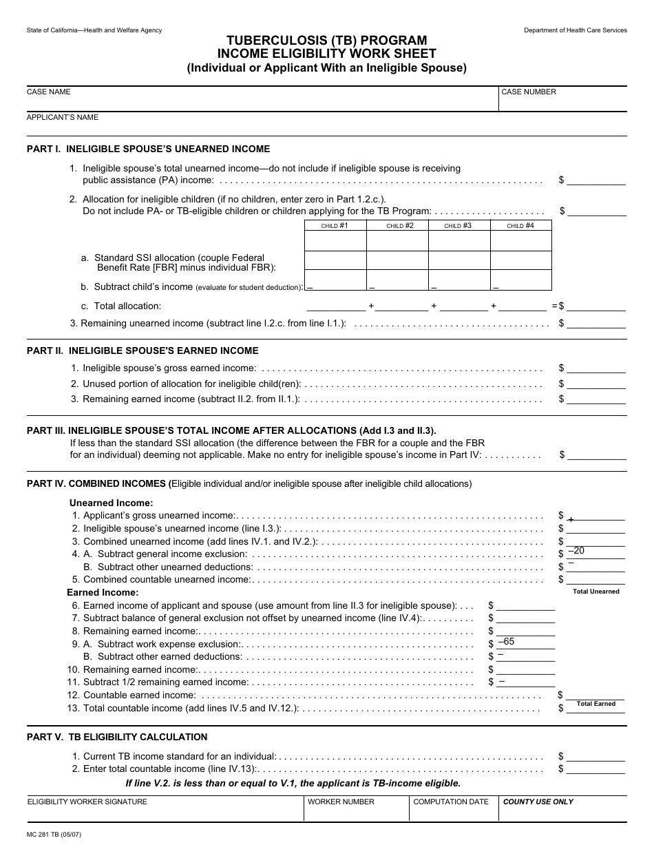 Form MC281 TB Tuberculosis (Tb) Program Income Eligibility Worksheet - California, Page 1
