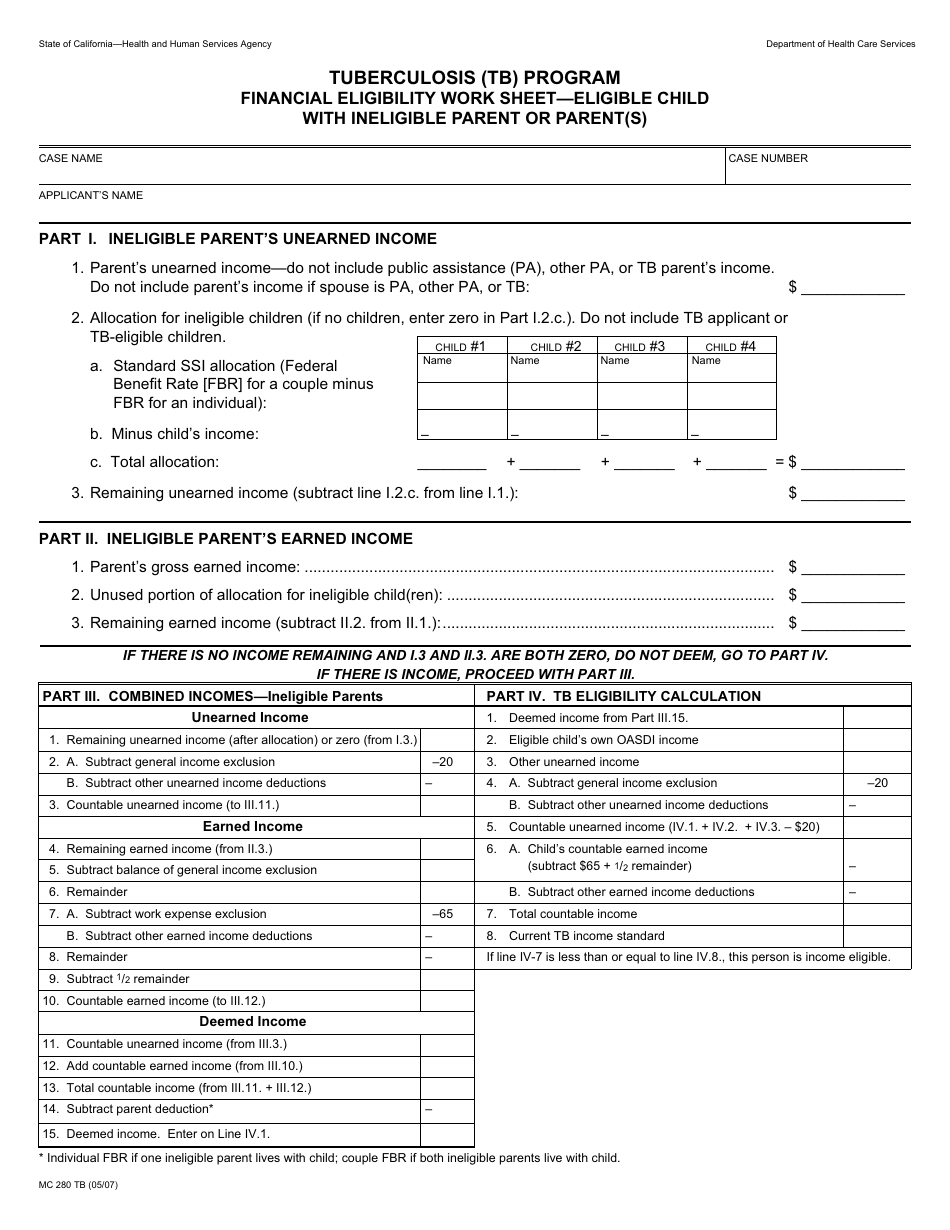 Form MC280 TB Tuberculosis (Tb) Program Financial Eligibility Work Sheet - Eligible Child With Ineligible Parent or Parent(S) - California, Page 1