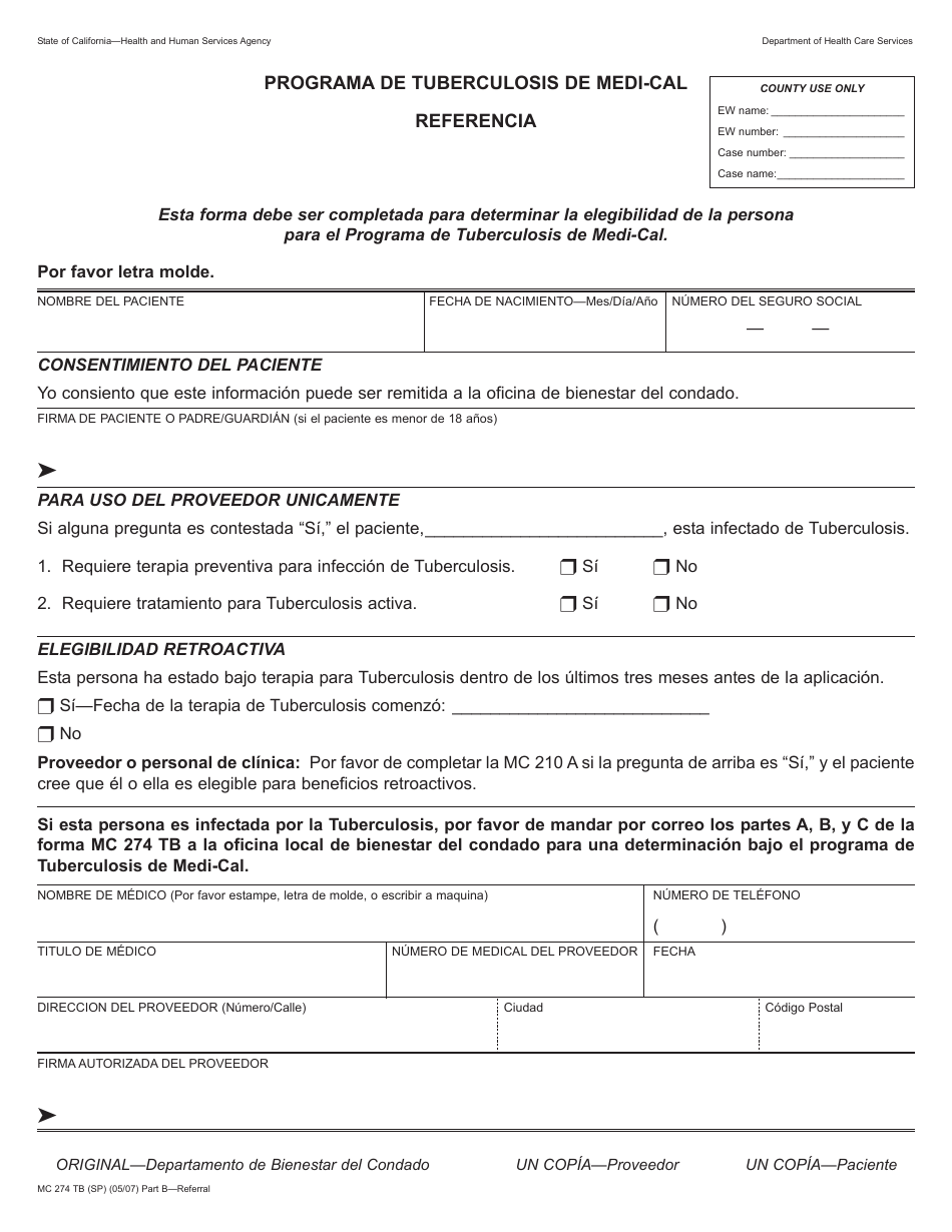 Formulario MC274 TB (SP) Programa De Tuberculosis De Medi-Cal Applicacion - California (Spanish), Page 2