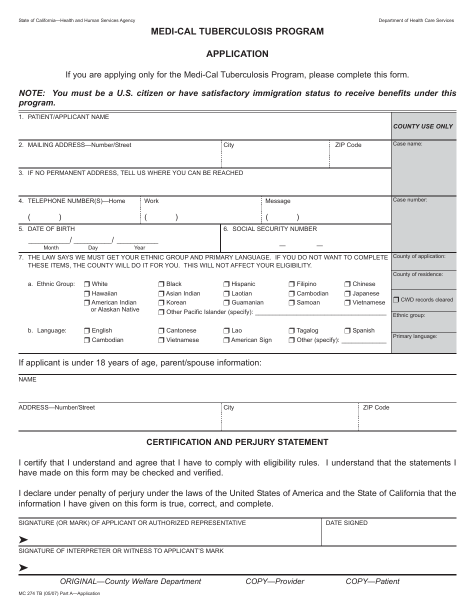 Form MC274 TB Download Printable PDF or Fill Online Medi-Cal Sns-Brigh10