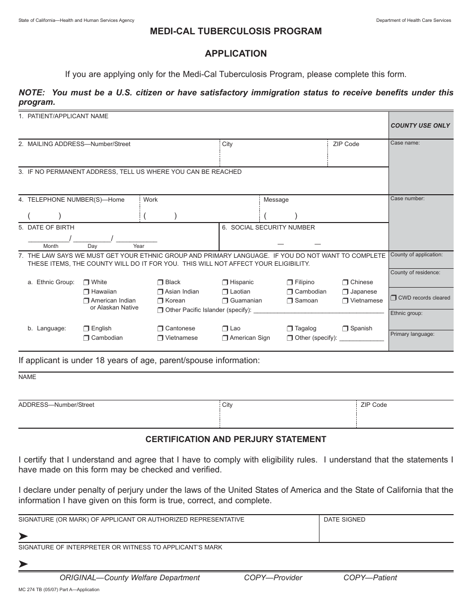 Form MC274 TB Medi-Cal Tuberculosis Program Application - California, Page 1