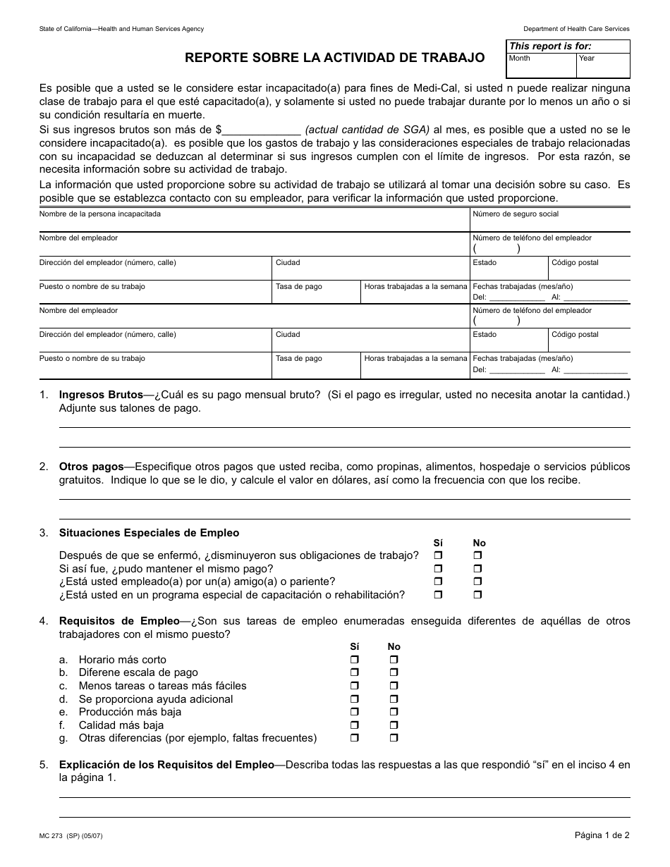 Formulario MC273 (SP) Reporte Sobre La Actividad De Trabajo - California (Spanish), Page 1