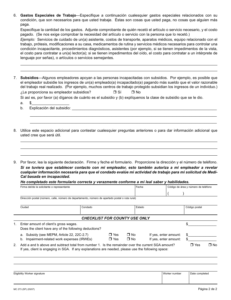 Formulario MC273 (SP) Reporte Sobre La Actividad De Trabajo - California (Spanish), Page 2