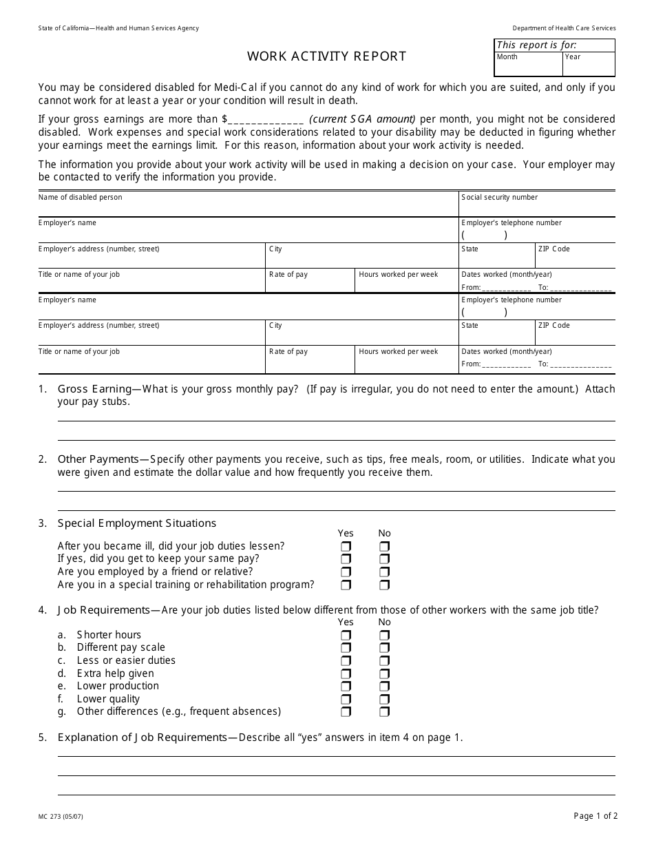 Form MC273 Work Activity Report - California, Page 1