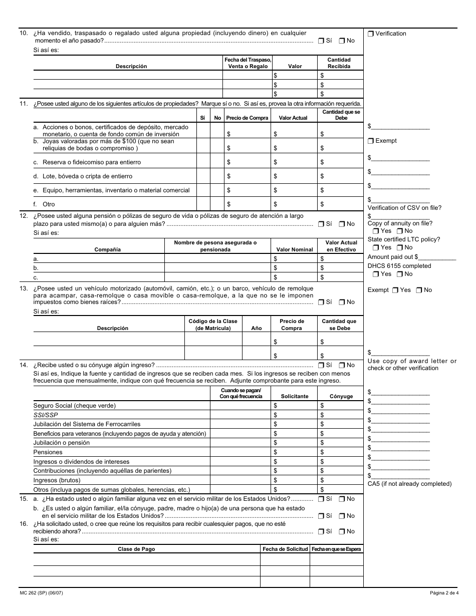 Formulario MC262 (SP) Nueva Determinacion Para Los Beneficiarios De Medi-Cal (Atencion a Largo Plazo En Propia Mfbu) - California (Spanish), Page 2