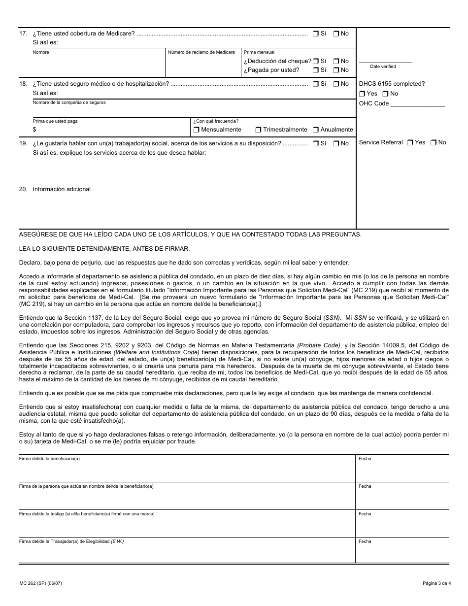 Formulario MC262 (SP) Nueva Determinacion Para Los Beneficiarios De Medi-Cal (Atencion a Largo Plazo En Propia Mfbu) - California (Spanish), Page 3