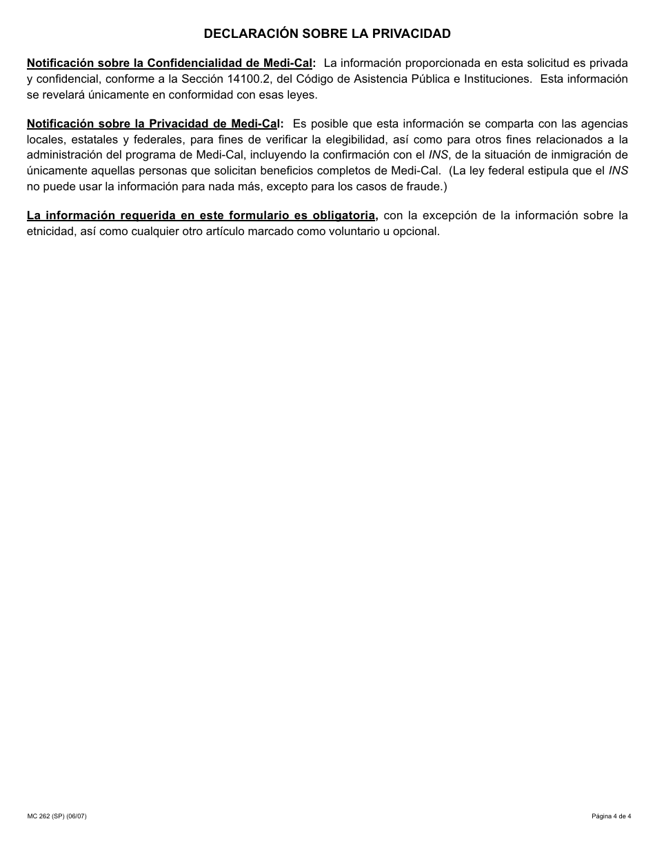 Formulario MC262 (SP) Nueva Determinacion Para Los Beneficiarios De Medi-Cal (Atencion a Largo Plazo En Propia Mfbu) - California (Spanish), Page 4
