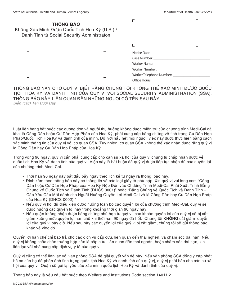 Form MC239 DRA-6 Information Notice - Unable to Verify United States (U.S.) Citizenship / Identity Through the Social Security Administration - California (Vietnamese), Page 1