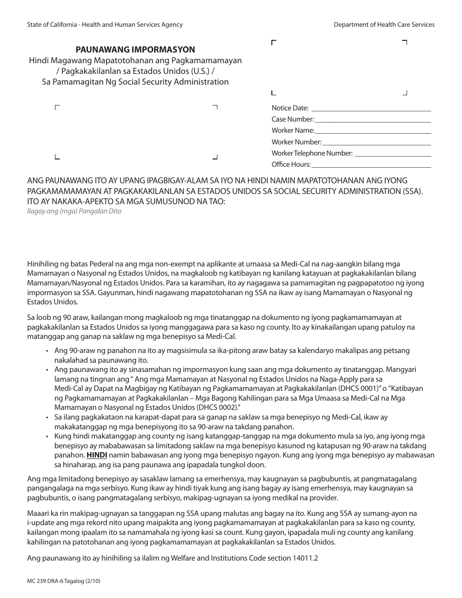 Form MC239 DRA-6 Information Notice - Unable to Verify United States (U.S.) Citizenship / Identity Through the Social Security Administration - California (Tagalog), Page 1