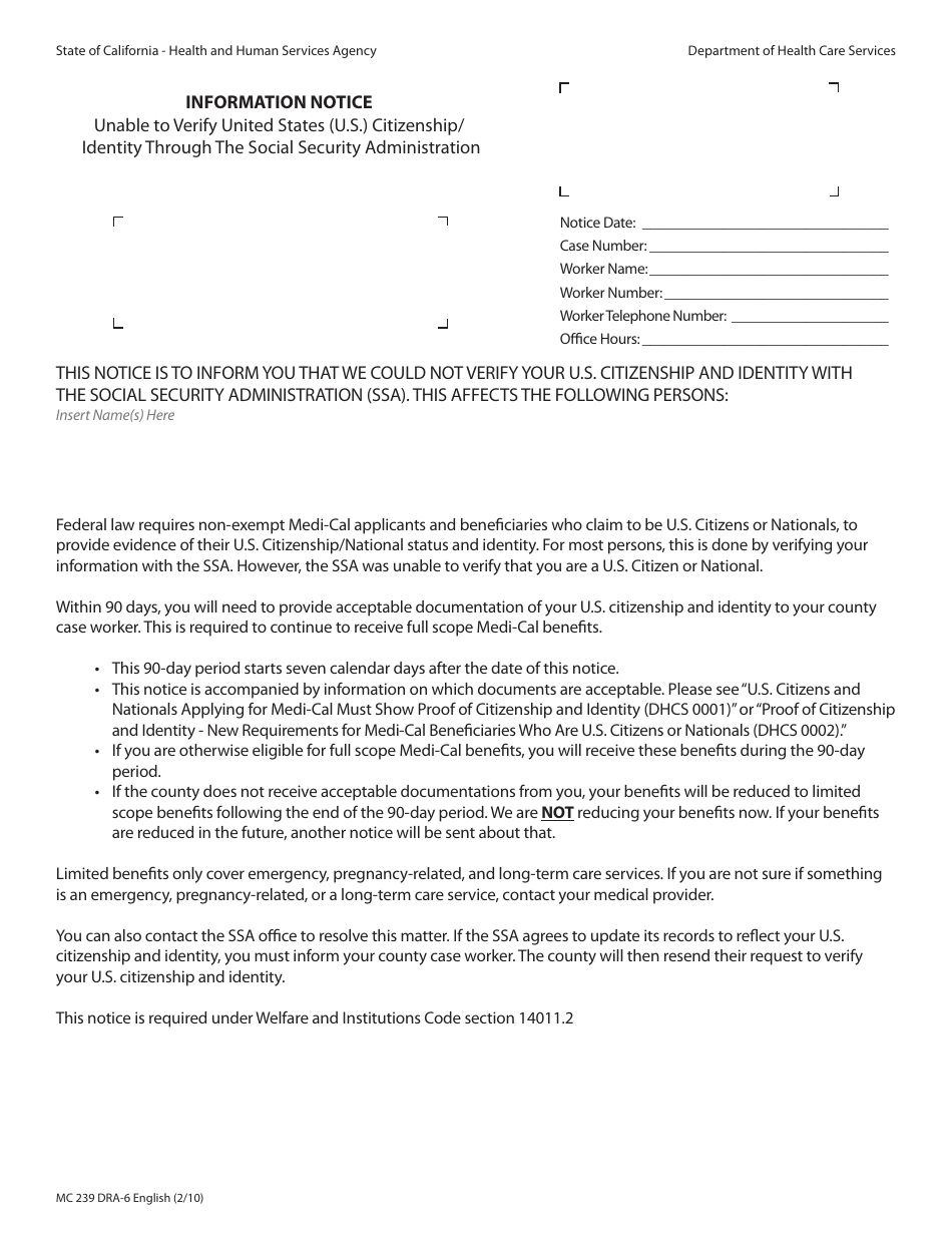 Form MC239 DRA-6 Information Notice - Unable to Verify United States (U.S.) Citizenship / Identity Through the Social Security Administration - California, Page 1