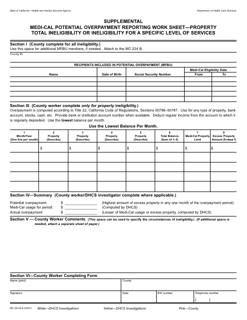 Form MC224 B-S Supplemental Medi-Cal Potential Overpayment Reporting Work Sheet - Property Total Ineligibility or Ineligibility for a Specific Level of Services - California