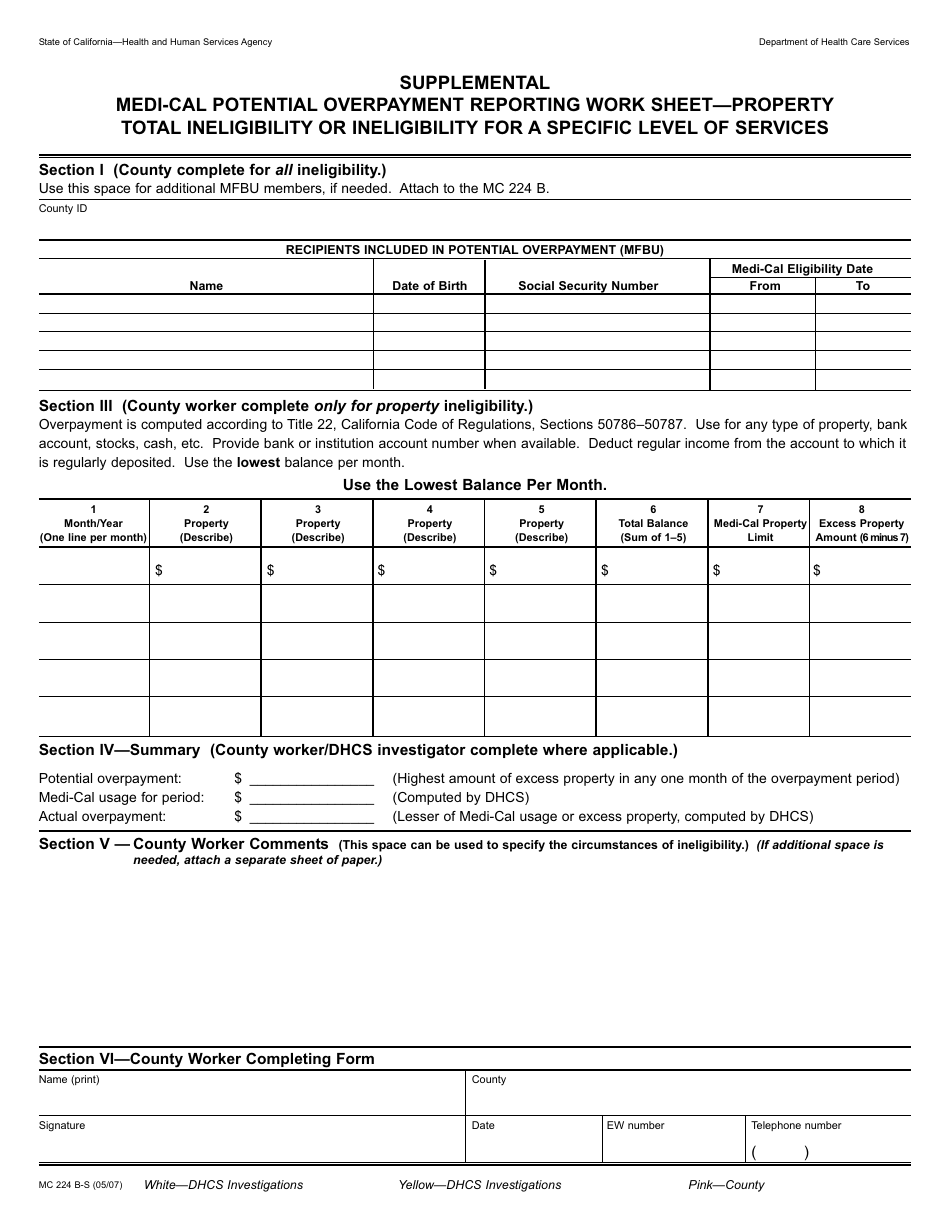 Form MC224 B-S Supplemental Medi-Cal Potential Overpayment Reporting Work Sheet - Property Total Ineligibility or Ineligibility for a Specific Level of Services - California, Page 1