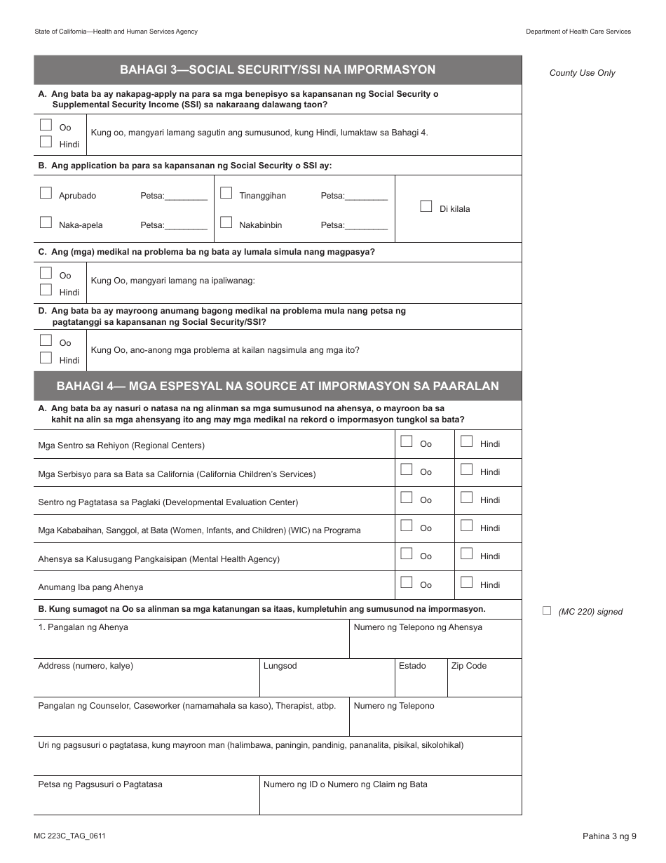 Form MC223 C Supplemental Statement of Facts for Medi-Cal Child Applicant Only - Under Age 18 - California (Tagalog), Page 3