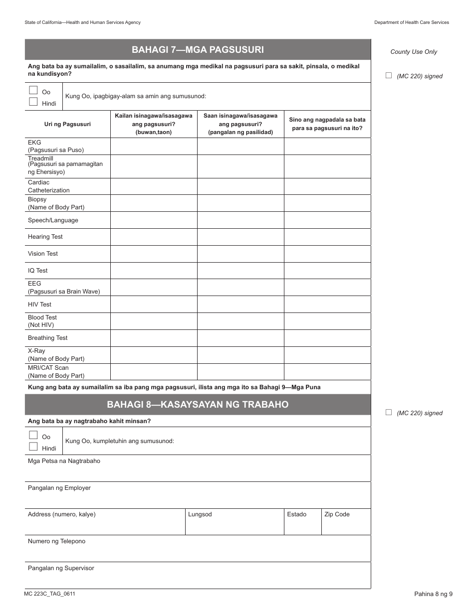 Form MC223 C Supplemental Statement of Facts for Medi-Cal Child Applicant Only - Under Age 18 - California (Tagalog), Page 8