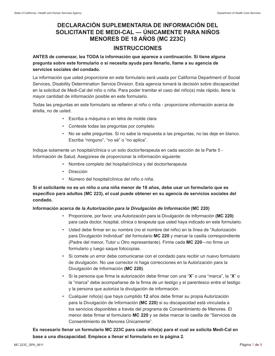 Formulario MC223C Declaracion Suplementaria De Informacion Del Solicitante De Medi-Cal Unicamente Para Ninos Menores De 18 Anos - California (Spanish), Page 1