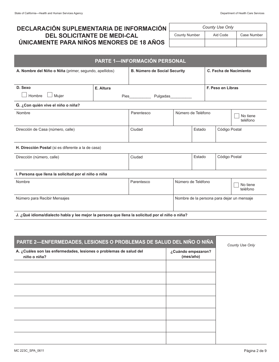 Formulario MC223C Declaracion Suplementaria De Informacion Del Solicitante De Medi-Cal Unicamente Para Ninos Menores De 18 Anos - California (Spanish), Page 2