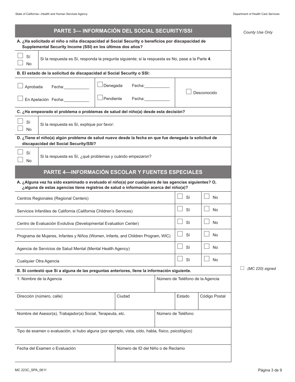 Formulario MC223C Declaracion Suplementaria De Informacion Del Solicitante De Medi-Cal Unicamente Para Ninos Menores De 18 Anos - California (Spanish), Page 3