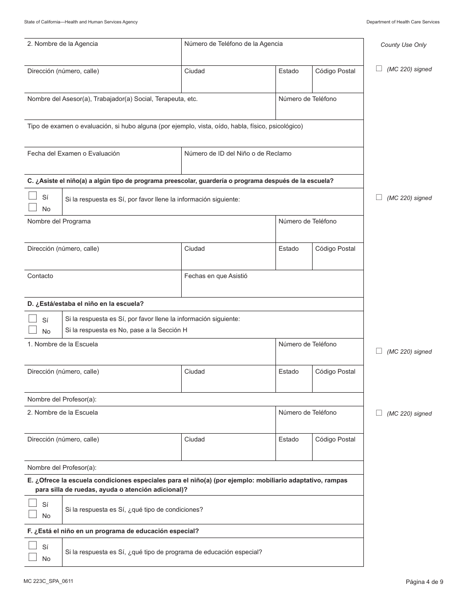 Formulario MC223C Declaracion Suplementaria De Informacion Del Solicitante De Medi-Cal Unicamente Para Ninos Menores De 18 Anos - California (Spanish), Page 4