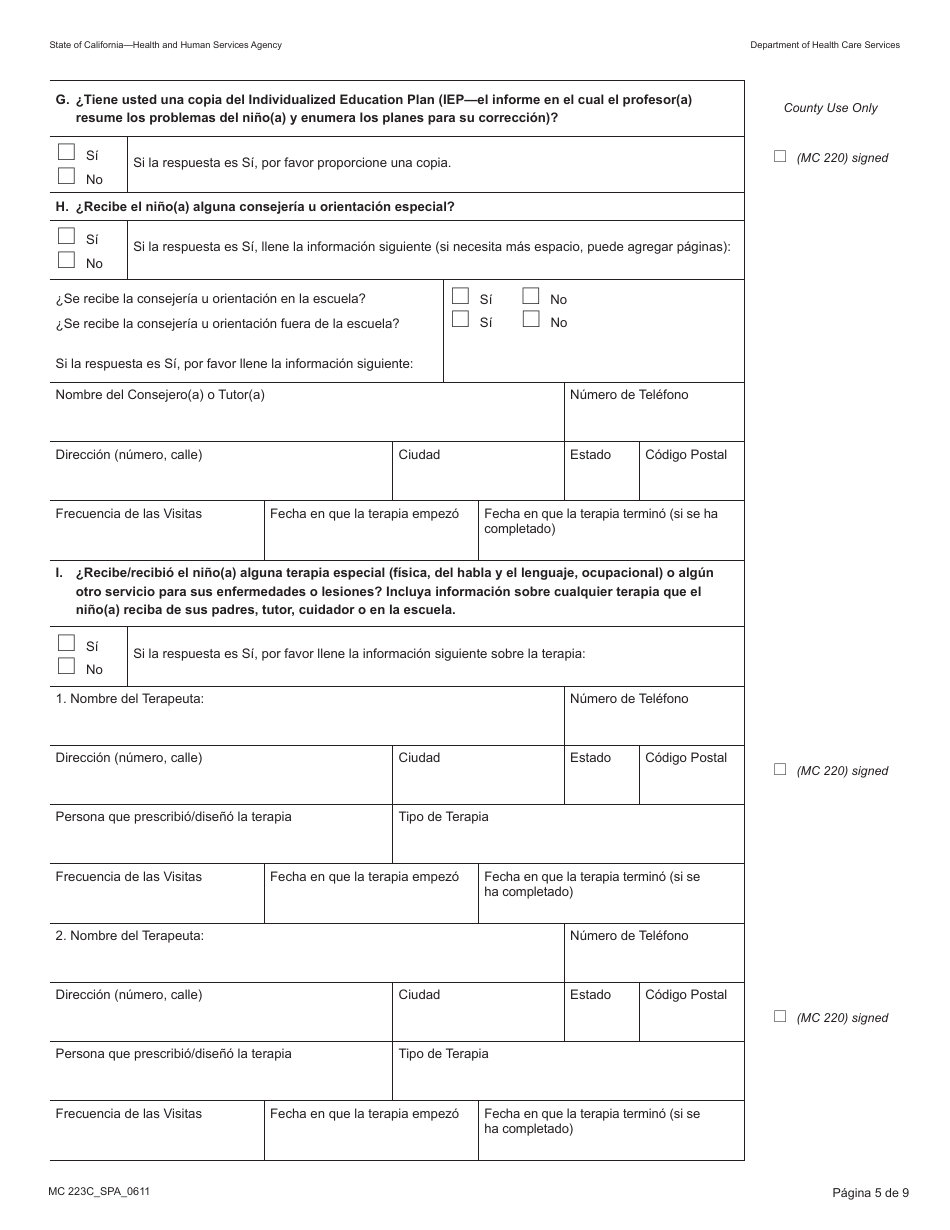 Formulario MC223C Declaracion Suplementaria De Informacion Del Solicitante De Medi-Cal Unicamente Para Ninos Menores De 18 Anos - California (Spanish), Page 5