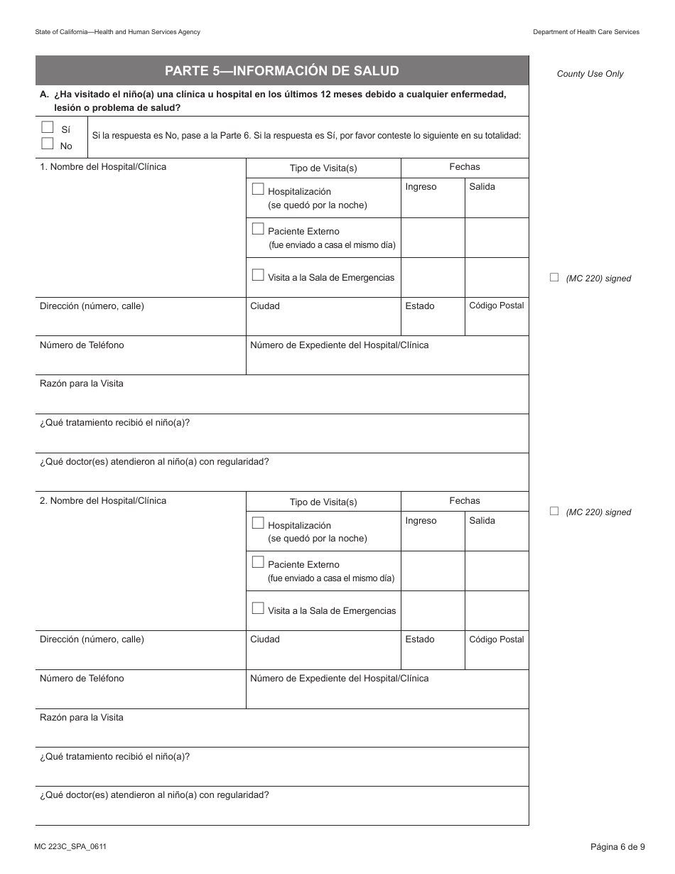 Formulario MC223C Declaracion Suplementaria De Informacion Del Solicitante De Medi-Cal Unicamente Para Ninos Menores De 18 Anos - California (Spanish), Page 6
