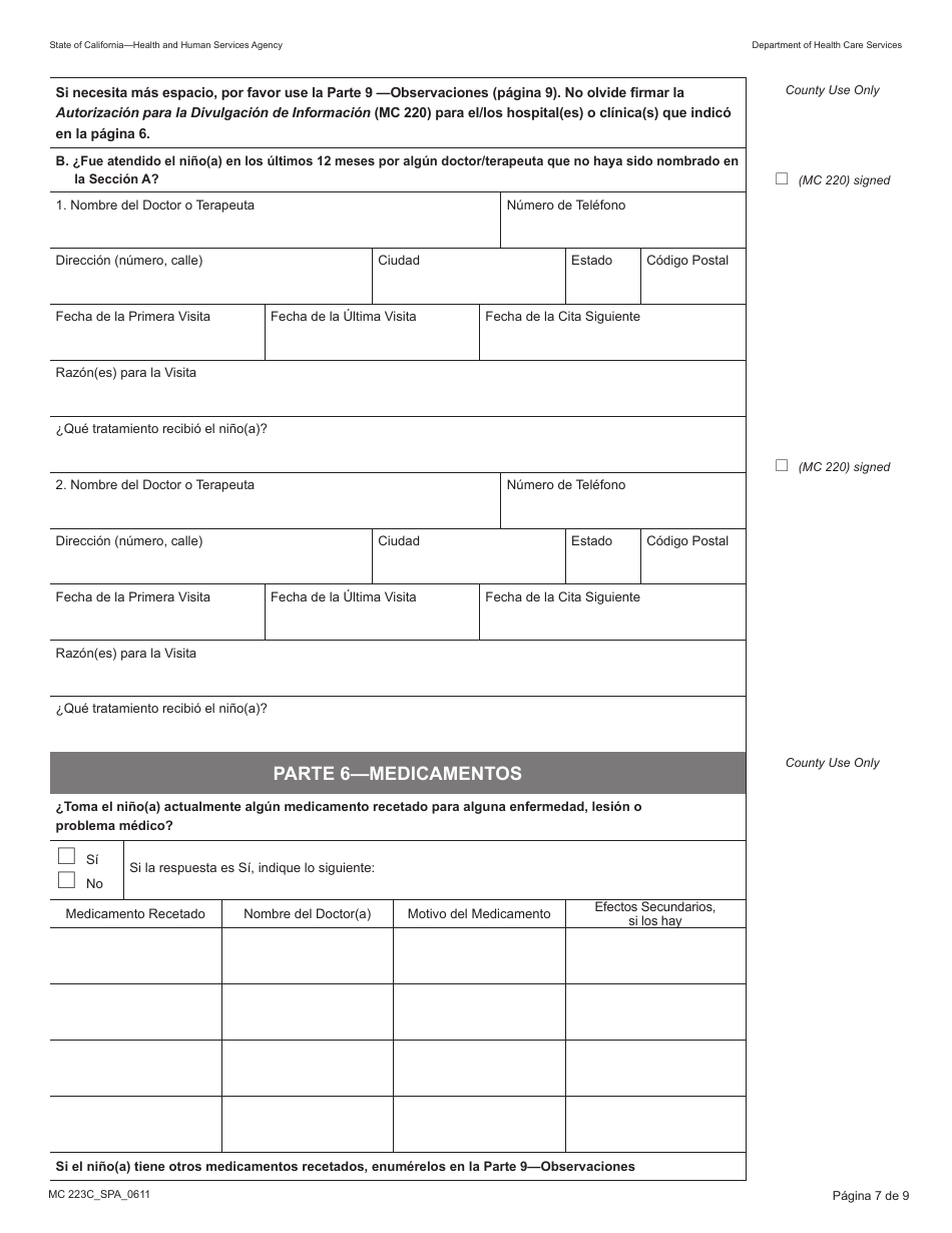 Formulario MC223C Declaracion Suplementaria De Informacion Del Solicitante De Medi-Cal Unicamente Para Ninos Menores De 18 Anos - California (Spanish), Page 7