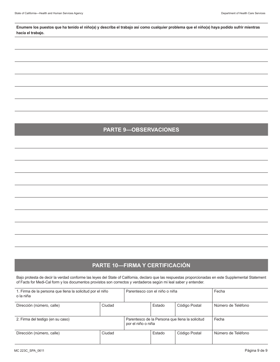 Formulario MC223C Declaracion Suplementaria De Informacion Del Solicitante De Medi-Cal Unicamente Para Ninos Menores De 18 Anos - California (Spanish), Page 9