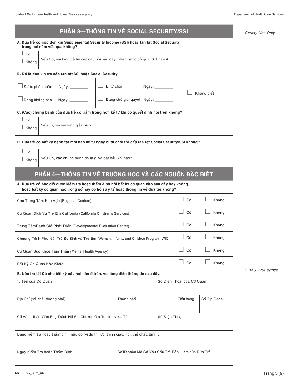 Form MC223 C Supplemental Statement of Facts for Medi-Cal Child Only - Under Age 18 - California (Vietnamese), Page 3
