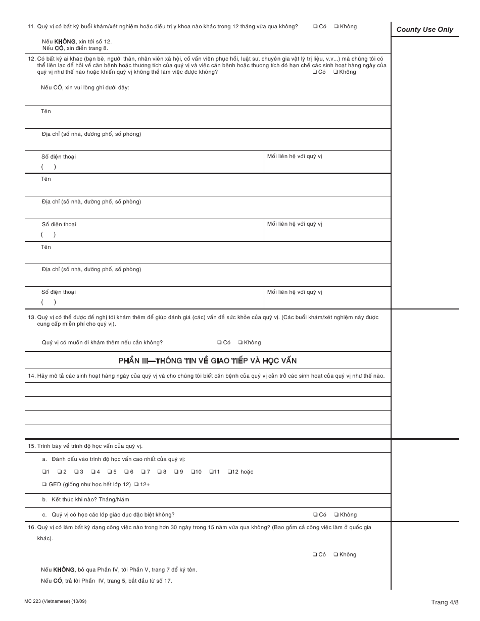 Form MC223 Applicants Supplemental Statement of Facts for Medi-Cal - California (Vietnamese), Page 4